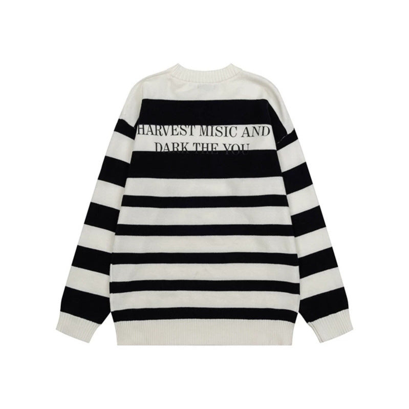 Damen Gestreifter Oversize-Strickpullover mit Rundhals und Musik-Grafik Nord Taschen