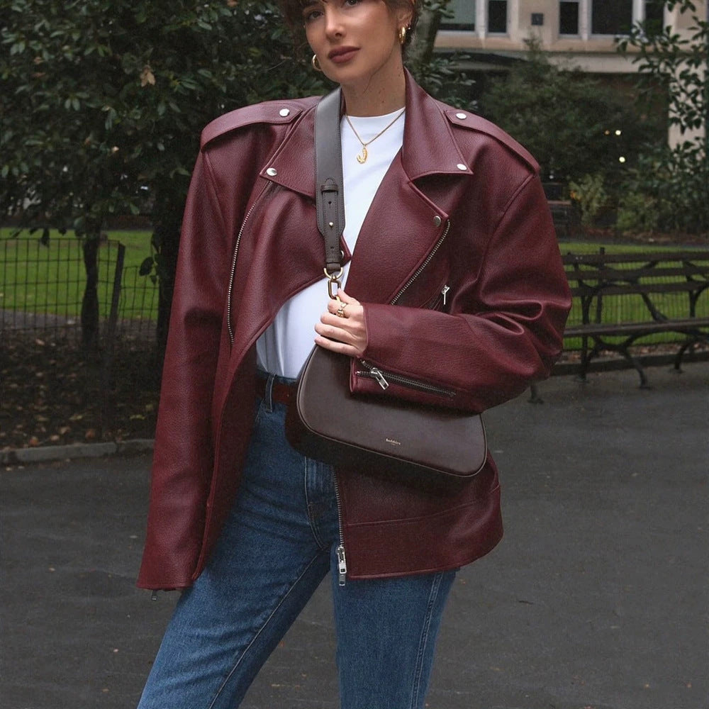 Damen Oversize Bikerjacke aus Struktur-Kunstleder mit asymmetrischem Reißverschluss Nord Taschen