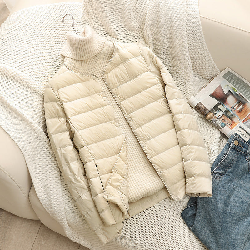 Damen Ultraleichte Steppjacke ohne Kragen, Packbare Thermojacke für Reisen und Alltag Nord Taschen