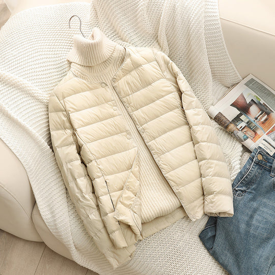 Damen Ultraleichte Steppjacke ohne Kragen, Packbare Thermojacke für Reisen und Alltag Nord Taschen