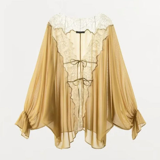 Damen Transparenter Chiffonkimono mit Spitzenbesatz und Volumenärmeln Nord Taschen