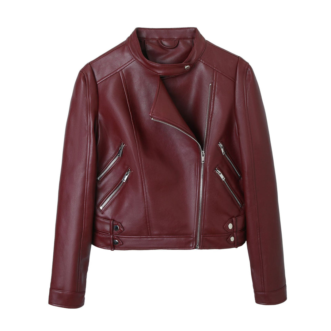 Damen Motorrad-Bikerjacke aus Kunstleder mit Stehkragen, asymmetrischem Reißverschluss und Zierfalten Nord Taschen