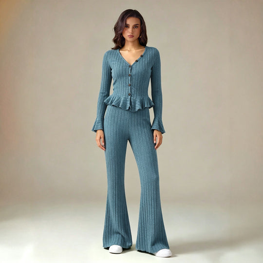 Damen feinstrukturiertes Rippstrick-Set mit tailliertem Knopfcardigan, Volant-Taillenpassform und ausgestellter Schlaghose Nord Taschen