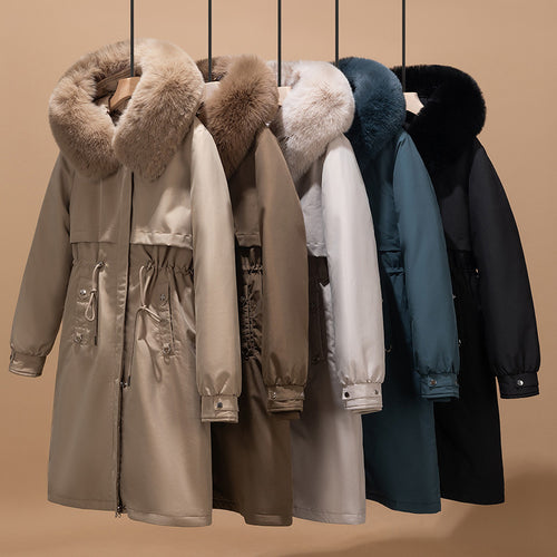 Damen nan langer wasserabweisender Parka mit voluminöser Kunstfellkapuze, taillierbarem Tunnelzug und gesteppter Thermo-Innenjacke Nord Taschen