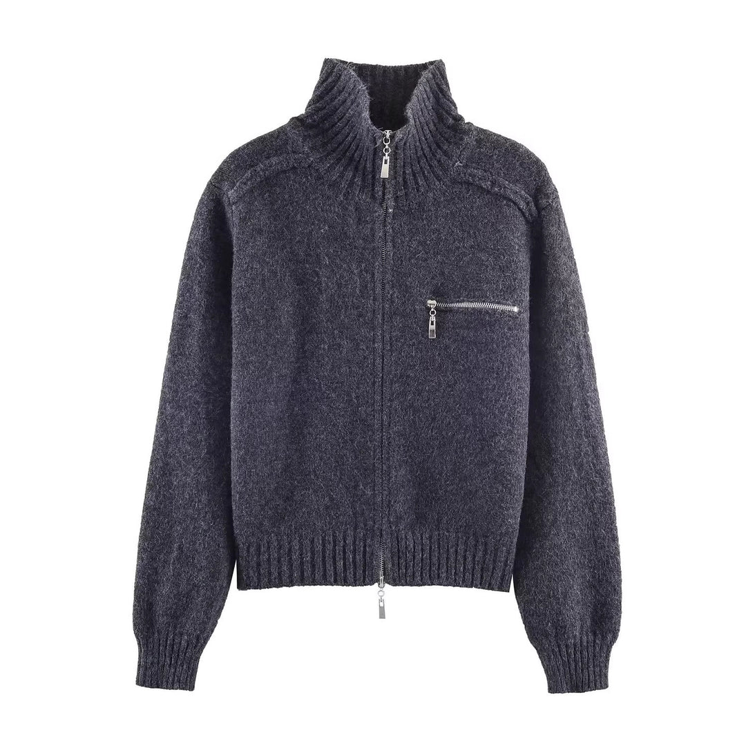 Damen Grobgestrickte Reißverschluss‑Strickjacke mit hohem Rippkragen und Brusttasche Nord Taschen