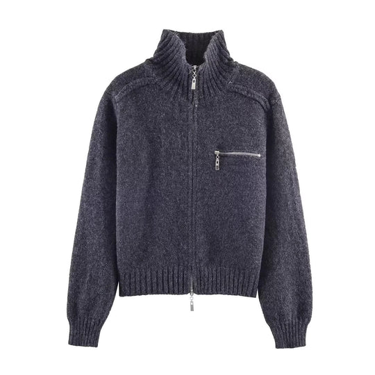 Damen Grobgestrickte Reißverschluss‑Strickjacke mit hohem Rippkragen und Brusttasche Nord Taschen