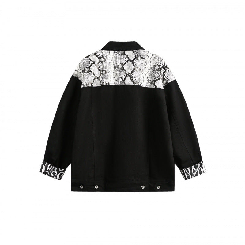 Damen Oversize-Jeansjacke im Patchwork-Tierprint mit Reverskragen und Pattentaschen Nord Taschen