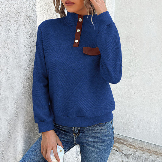 Damen Texturierter Stehkragen-Sweatshirt mit Druckknopf-Leiste und Zierpatte Nord Taschen