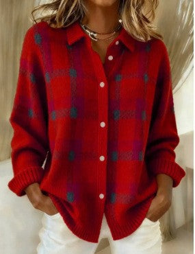 Damen Kariertes Strick-Hemdjacke-Cardigan mit Hemdkragen und gerippten Bündchen Nord Taschen