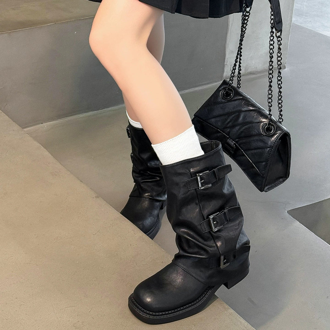 Damen modische Stiefel mit dekorativen Schnallen und robustem Profil