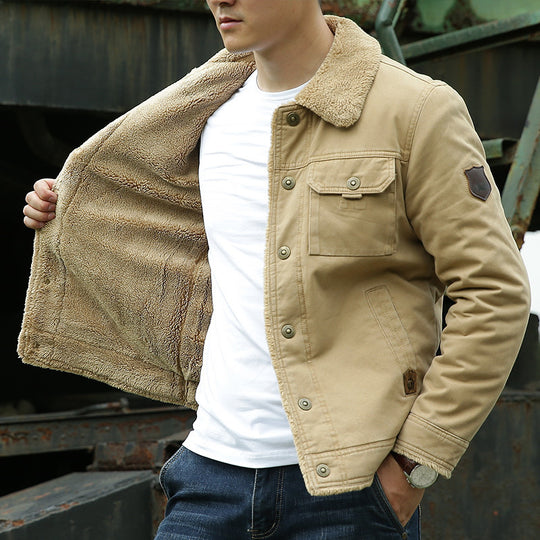 Herren Sherpagefütterte Canvas‑Truckerjacke mit Teddyfutter und Hemdkragen Nord Taschen