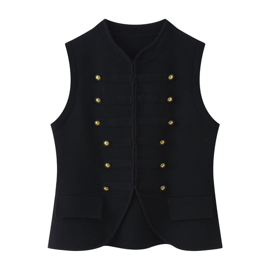 Damen Militärinspirierte Bouclé‑Weste mit Stehkragen und Zierknöpfen Nord Taschen