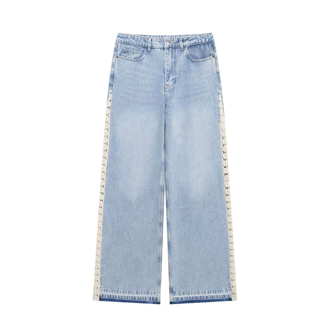 Damen Highwaist Cropped Wide‑Leg Jeans mit Häkelspitzen-Seitenstreifen Nord Taschen