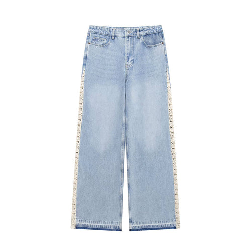 Damen Highwaist Cropped Wide‑Leg Jeans mit Häkelspitzen-Seitenstreifen Nord Taschen