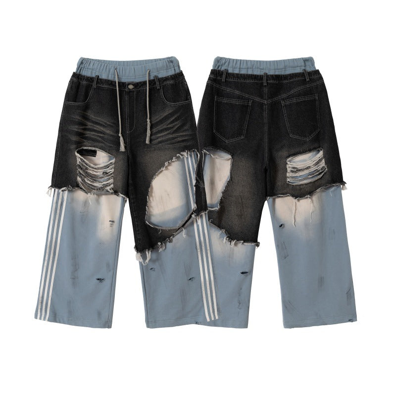 Unisex Patchwork-Jeans-Hybridhose im Oversized-Cut mit elastischem Bund, Destroy-Effekten und weitem Bein Nord Taschen