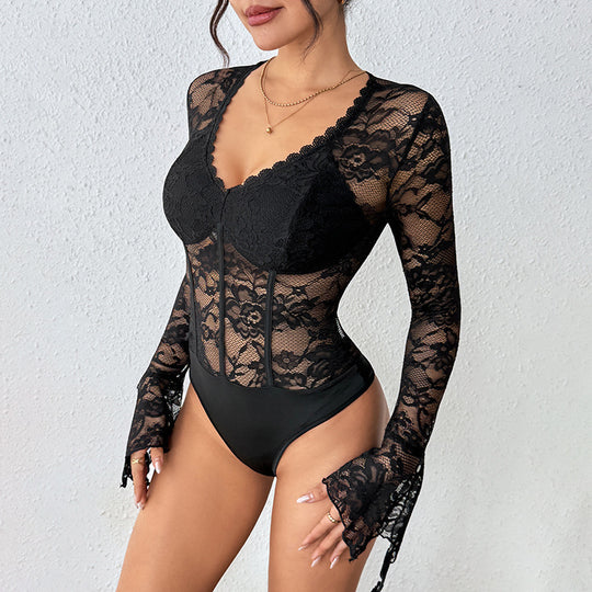 Damen Taillierter Spitzen-Corset-Body mit V-Ausschnitt, langen Trompetenärmeln und formenden Bügeln Nord Taschen
