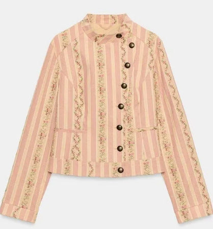 Damen Cropped Blazerjacke im Vintage‑Streifen‑Look mit Stehkragen und asymmetrischer Knopfleiste Nord Taschen