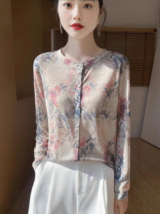 Damen Leichter Aquarell‑Print Feinstrick‑Cardigan mit Rundhalsausschnitt und Knopfleiste Nord Taschen