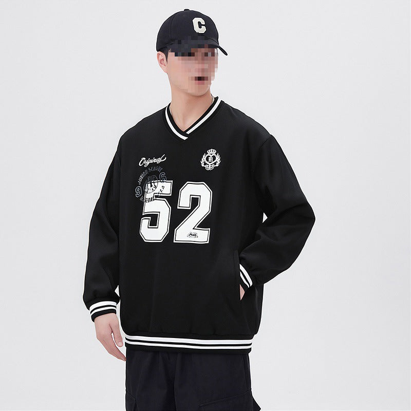 Herren Oversize V‑Ausschnitt Sportsweatshirt im College‑Look mit gestreiften Bündchen Nord Taschen