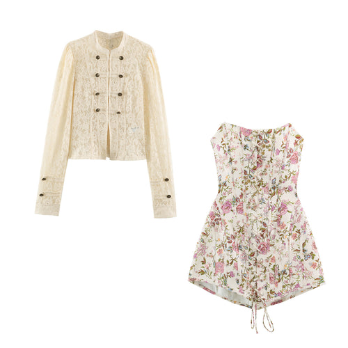 Damen Kurzblouson aus floraler Spitze mit Mandarinkragen und Zierriegeln Nord Taschen