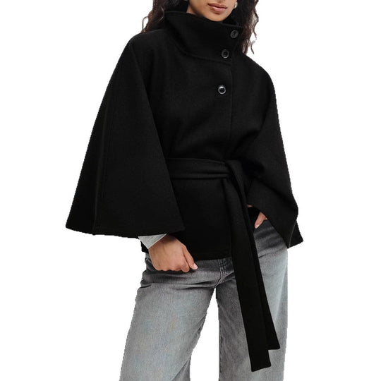 Damen modische Wolljacke mit hohem Kragen und Gürtel