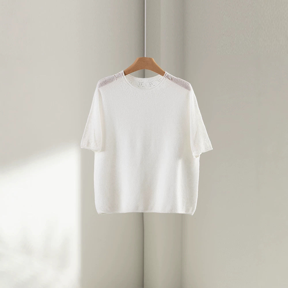 Damen Leichtes Feinstrick-Shirt mit halblangen Ärmeln, Rundhals und feinem Lochmuster Nord Taschen
