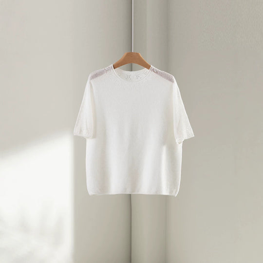Damen Leichtes Feinstrick-Shirt mit halblangen Ärmeln, Rundhals und feinem Lochmuster Nord Taschen