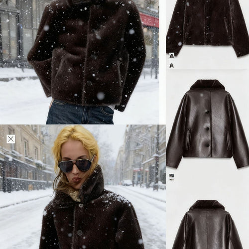 Damen Kastige Fauxleder-Jacke mit Kunstfellkragen, Lammfellimitat‑Futter und Knopfverschluss Nord Taschen