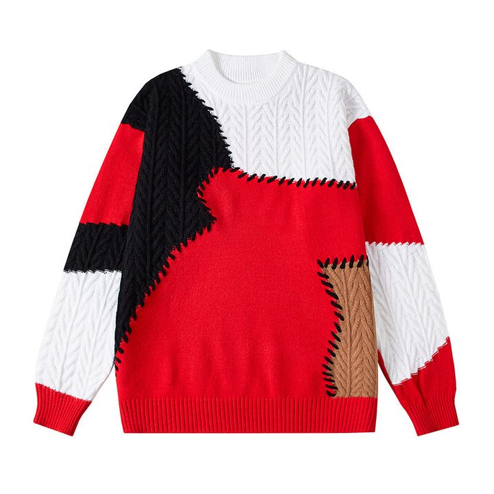 Herren strukturierter Patchwork-Strickpullover mit Zopfmuster und Rundhals Nord Taschen