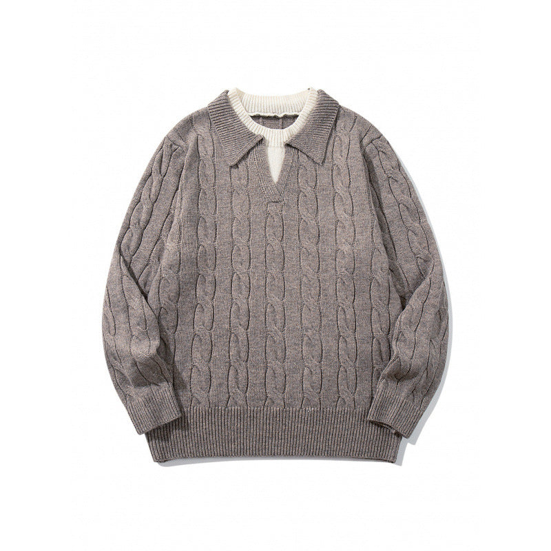 Herren Grobgestrickter Zopfmuster-Pullover mit Polokragen und V‑Ausschnitt Nord Taschen