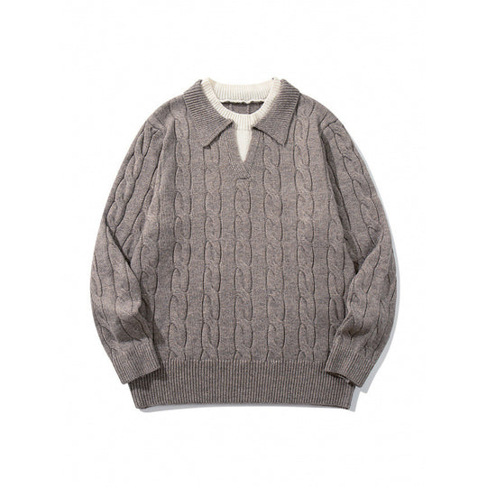 Herren Grobgestrickter Zopfmuster-Pullover mit Polokragen und V‑Ausschnitt Nord Taschen