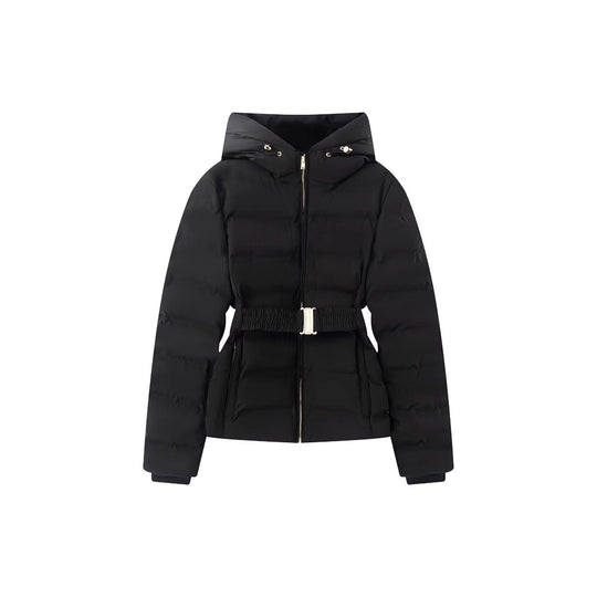 Damen Glänzende Daunenoptik-Steppjacke mit Kapuze und tailliertem Zugbandgürtel Nord Taschen