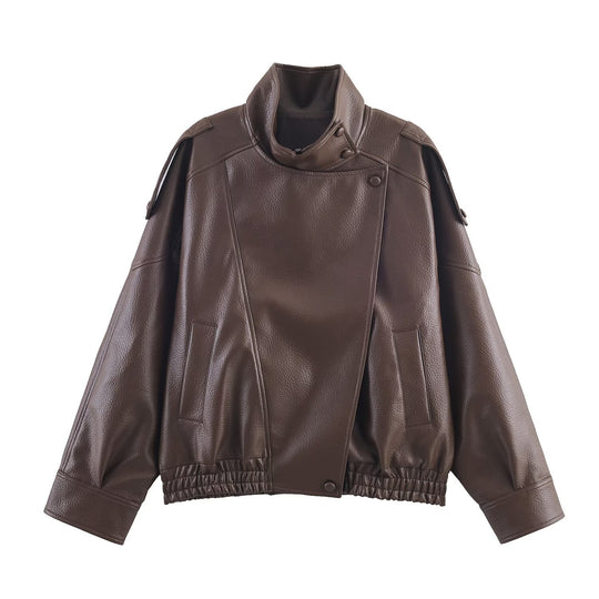 Damen 3400+ Cropped Kunstleder‑Blouson mit asymmetrischer Druckknopfleiste, hohem Stehkragen und elastischem Saum Nord Taschen