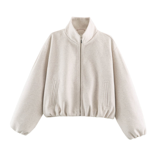 Damen Cropped Wolloptik‑Bomberjacke mit hohem Stehkragen und verdeckten Eingrifftaschen Nord Taschen