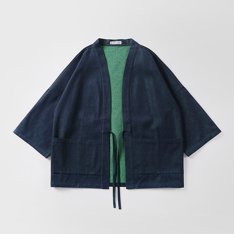 Unisex weit geschnittene Kimono-Jacke aus Baumwoll-Denim mit Bindeband und großen Aufgesetzten Taschen Nord Taschen