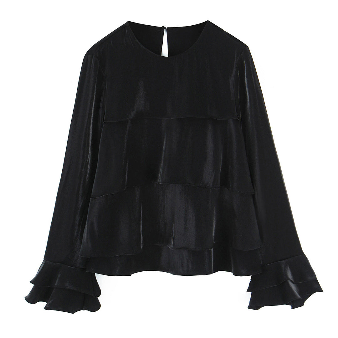 Damen Volantbluse aus Satin mit Stufenrüschen und Glockenärmeln Nord Taschen