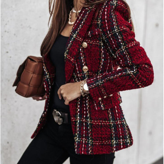 Damen Tweed-Blazer im Glencheck mit doppelreihiger Knopfleiste Nord Taschen
