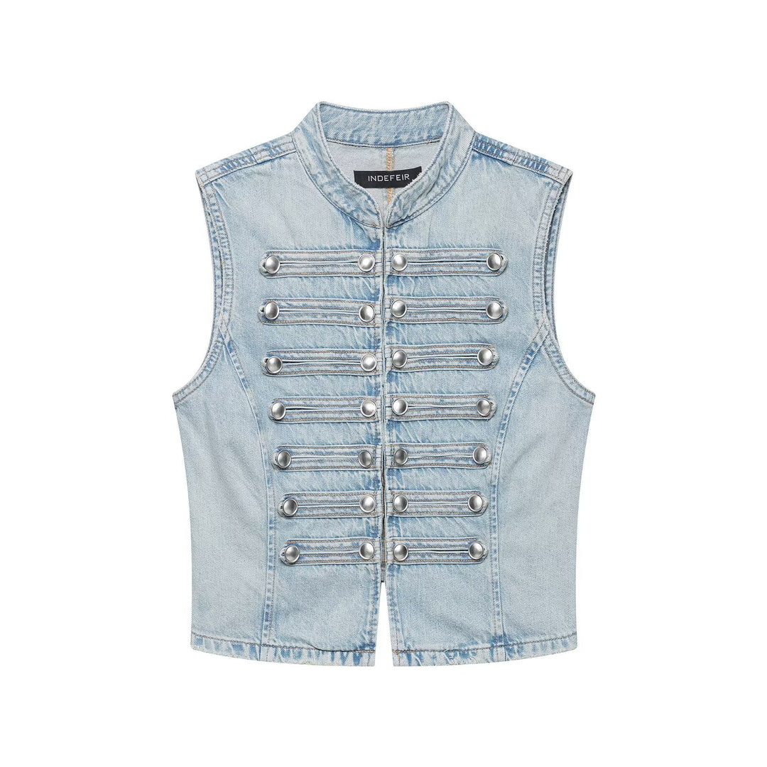 Damen Jeansweste im Military-Look mit Stehkragen und dekorativer Druckknopfleiste Nord Taschen