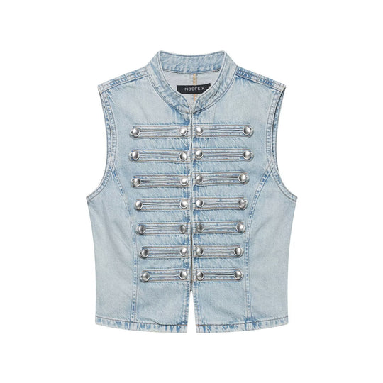 Damen Jeansweste im Military-Look mit Stehkragen und dekorativer Druckknopfleiste Nord Taschen