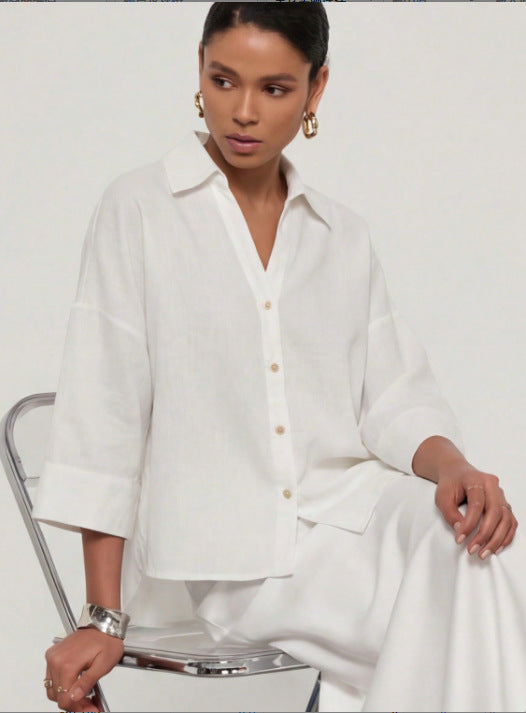 Damen Leichte Oversize Leinenoptik Bluse mit Dreiviertelärmeln und durchgehender Knopfleiste Nord Taschen