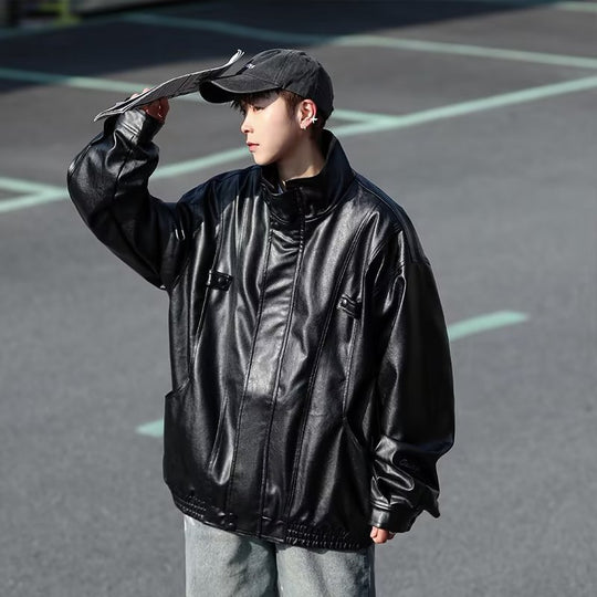 Herren Oversized Kunstlederjacke im Bomberstil mit Stehkragen und elastischem Saum Nord Taschen