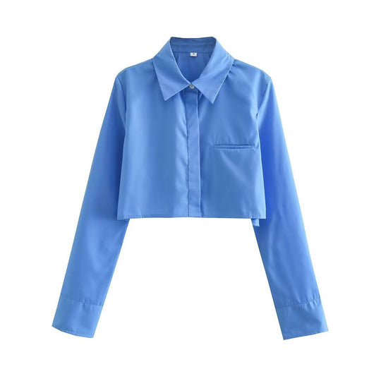 Damen cropped Bluse mit klassischem Kragen und praktischen Brusttaschen Nord Taschen