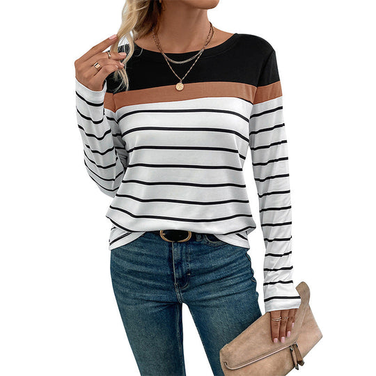 Damen Gestreiftes Langarmshirt mit Colorblock-Detail und Rundhalsausschnitt Nord Taschen