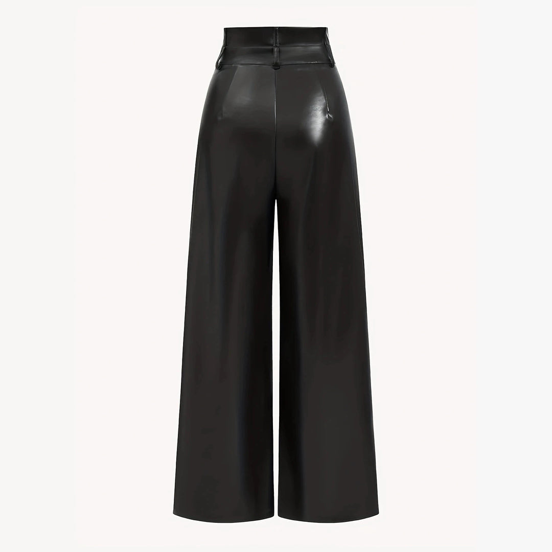 Damen Hochtaillierte Wide‑Leg Kunstlederhose mit Zierknöpfen Nord Taschen