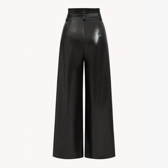 Damen Hochtaillierte Wide‑Leg Kunstlederhose mit Zierknöpfen Nord Taschen