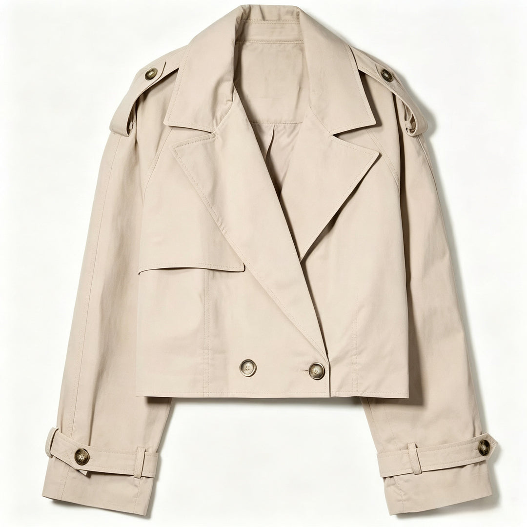 Damen Kurz geschnittener Trenchcoat mit doppelreihiger Knopfleiste und Schulterklappen Nord Taschen