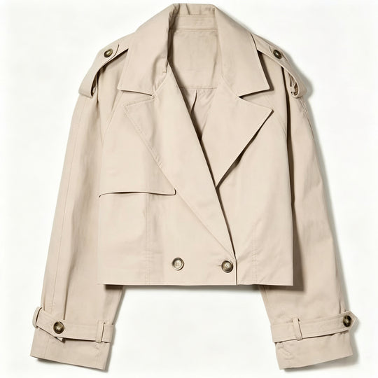 Damen Kurzschnitt Trenchcoat mit doppelreihiger Knopfleiste und Epauletten Nord Taschen
