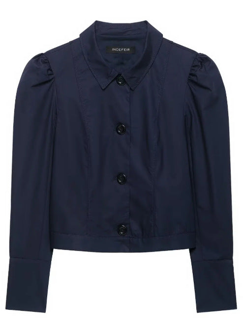 Damen Cropped Blousonjacke mit Puffärmeln, Hemdkragen und verlängerten Manschetten Nord Taschen