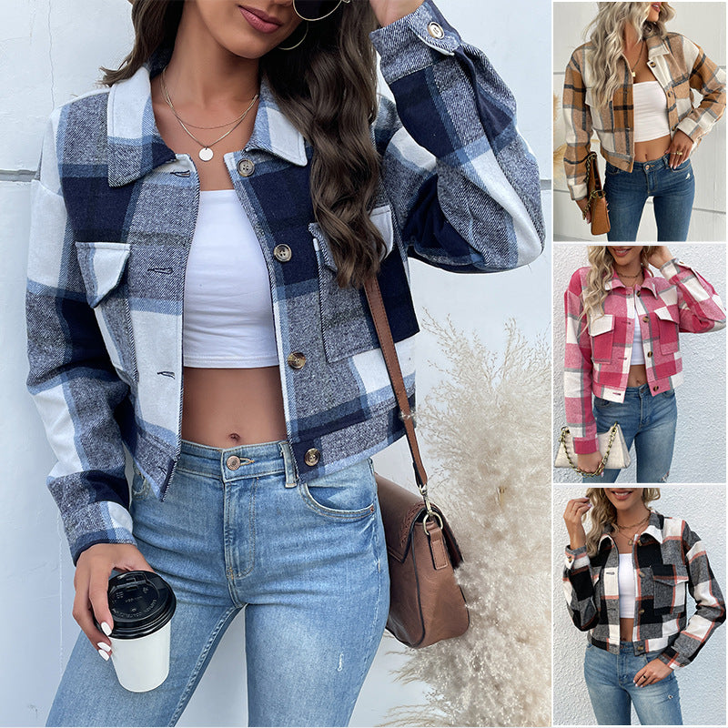 Damen Kurz geschnittene karierte Overshirt‑Jacke mit Brustklappen und Holzknöpfen Nord Taschen