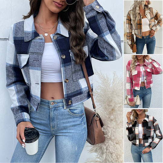 Damen Kurz geschnittene karierte Overshirt‑Jacke mit Brustklappen und Holzknöpfen Nord Taschen
